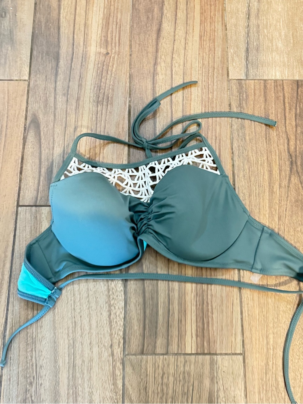 aerie Green Halter Bikini Top with White Crochet Accent